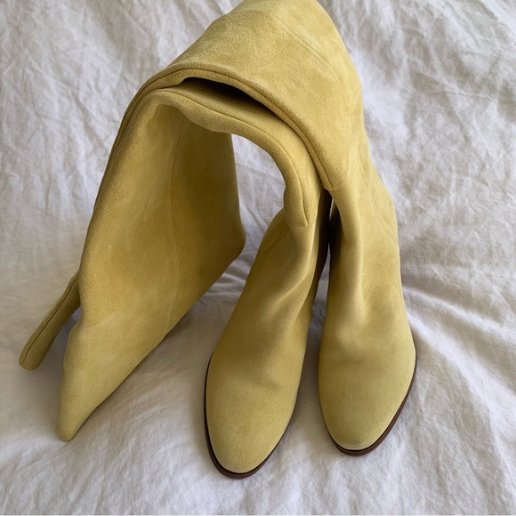 Sezane Anaelle Thigh High Suede Leather Over The Knee Pointy Boots Lemon Yellow - Picture 6 of 14